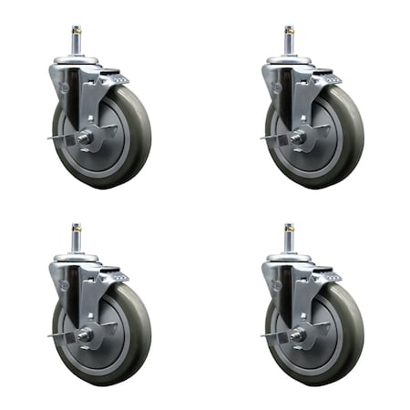 Service Caster 5'' Gray Poly Swivel 7/16'' Grip Ring Stem Caster Set with Brake, 4PK SCC-GR20S514-PPUB-TLB-716138-4